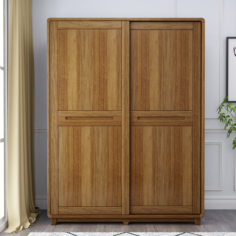 南宜(nanyi)新中式全實木大衣柜推拉門柜子 臥室兩門移門木質雙門衣櫥 兩門衣柜 兩門推拉